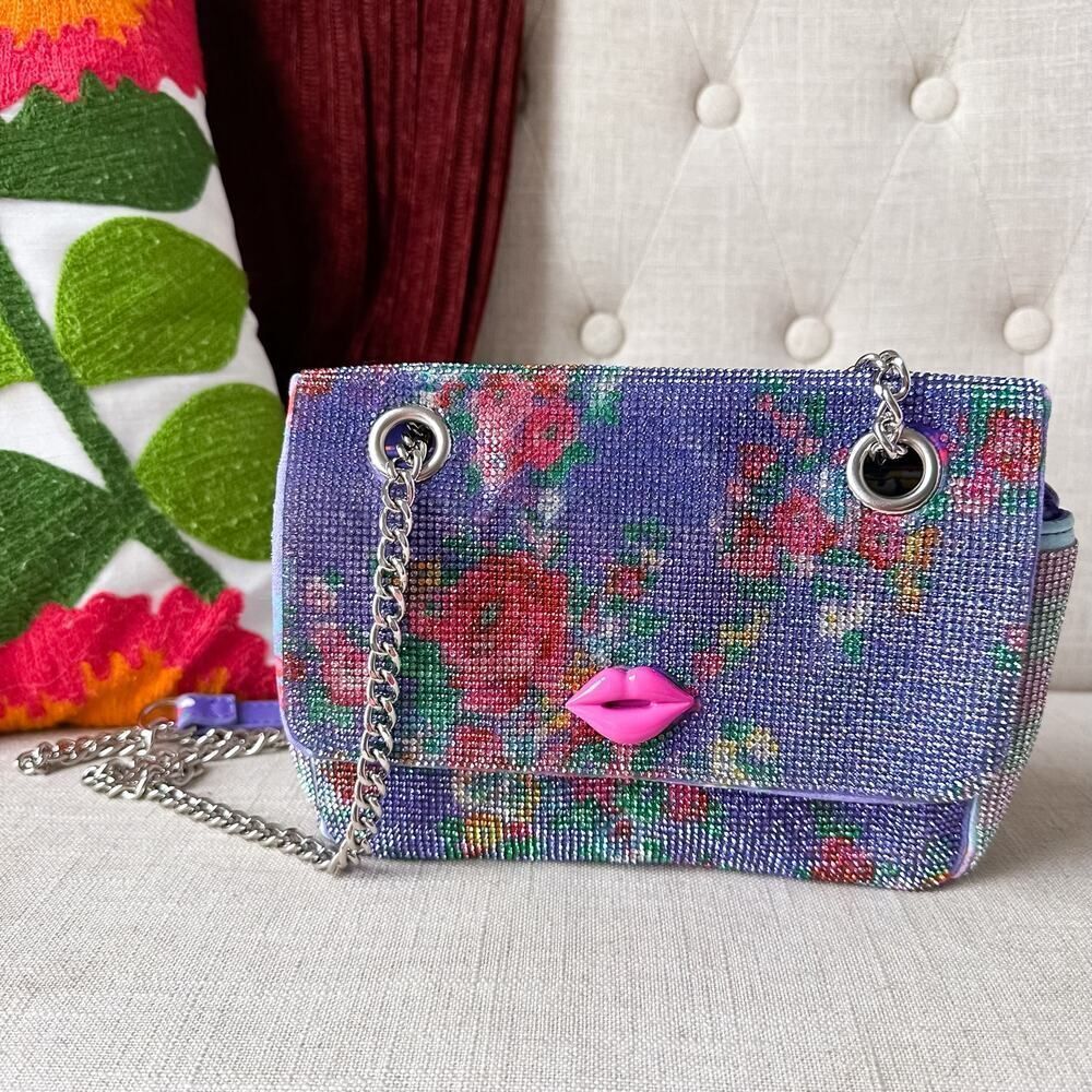 Betsey Johnson Rhinestone Convertible Periwinkle Floral Crossbody Handbag